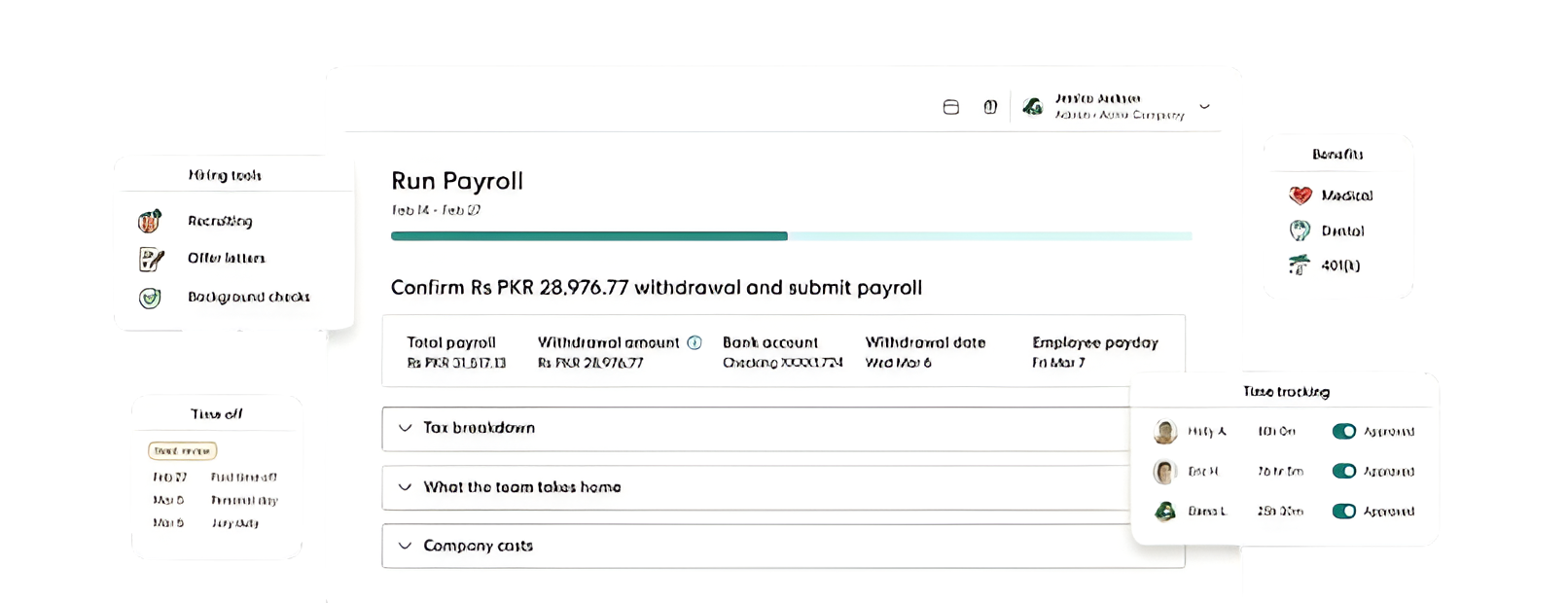 Crew payroll dashboard showing run payroll interface with benefits and time tracking